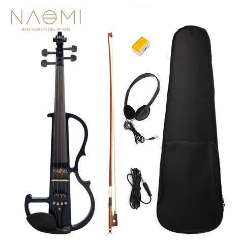 NAOMI Electric Violin 4/4 Full Size Violin W/Case Bow Earphone Rosin Set Black New